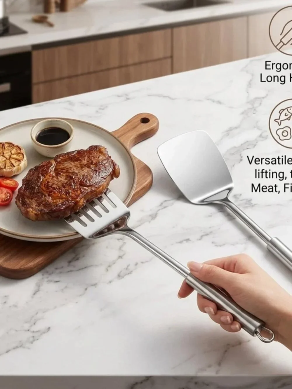Silver Spatula Set, 13.5-inch Stainless Steel Solid & Slotted Spatula Turner, He